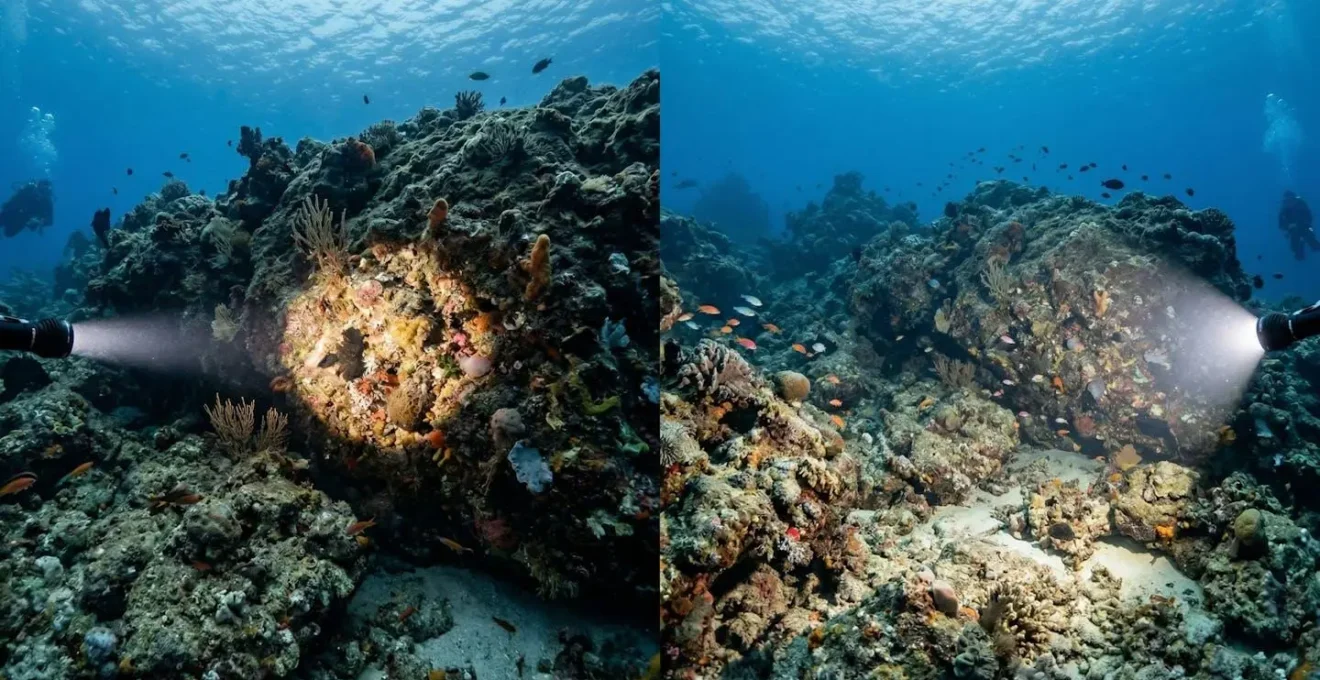 Comparaison visuelle entre faisceau spot étroit et flood large sous l'eau