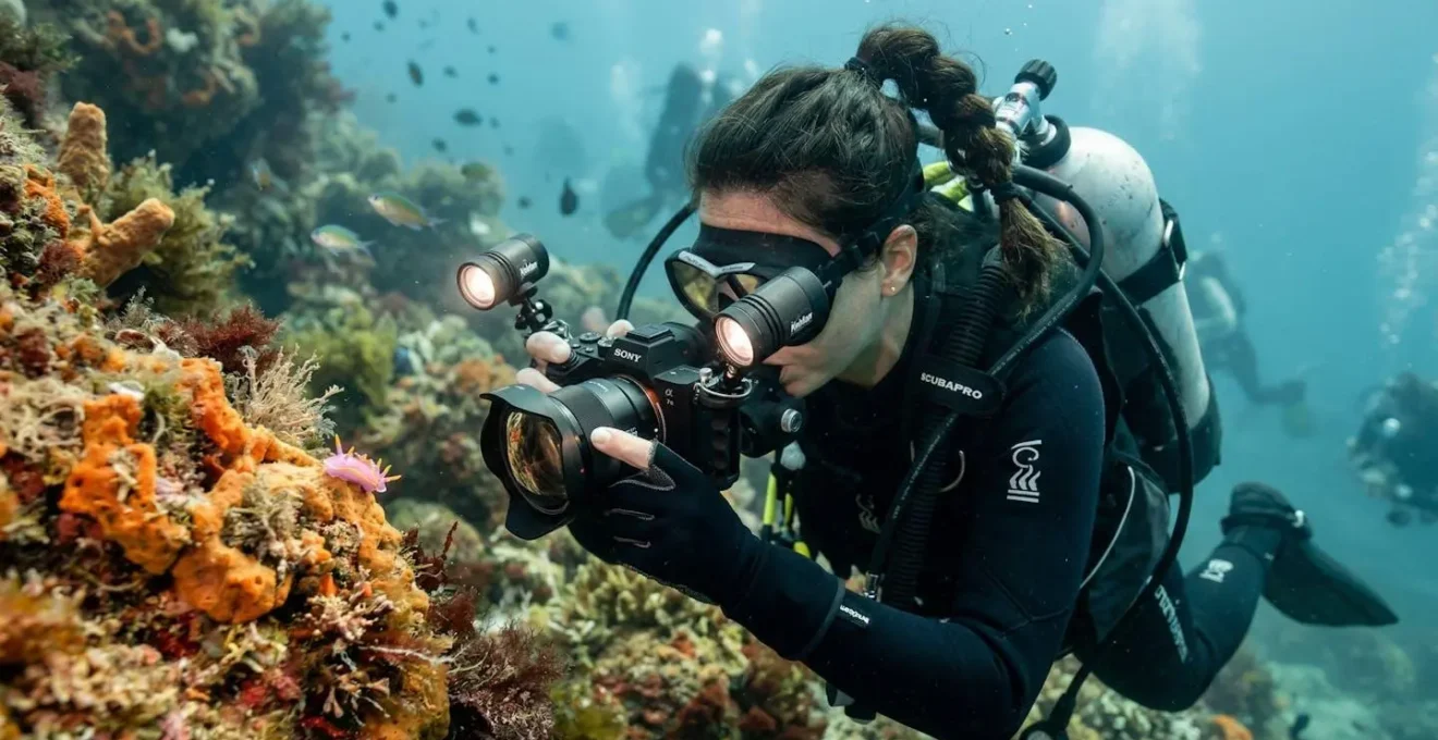 Photographe sous-marin utilisant un éclairage adapté pour capture macro